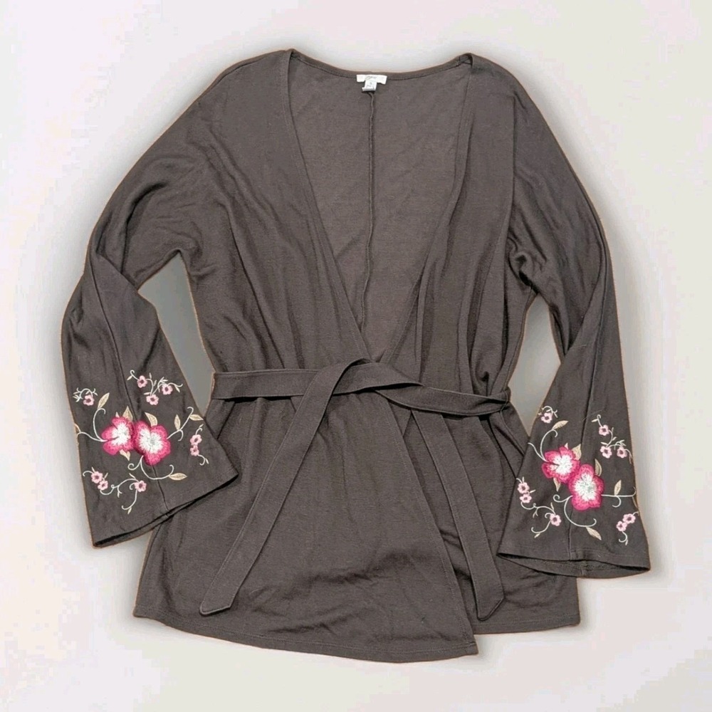 Y2K Boho J Jill Embroidered Bell Sleeve Tie Front Cardigan Brown Small